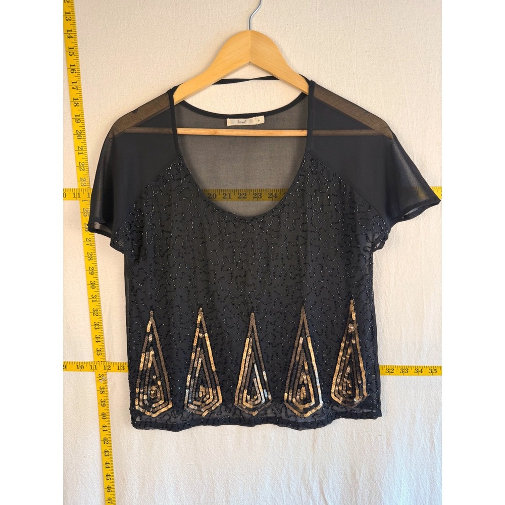 Hazel Beaded Mesh Top Women Size S Black Sheer Sequin Art Deco Cutout